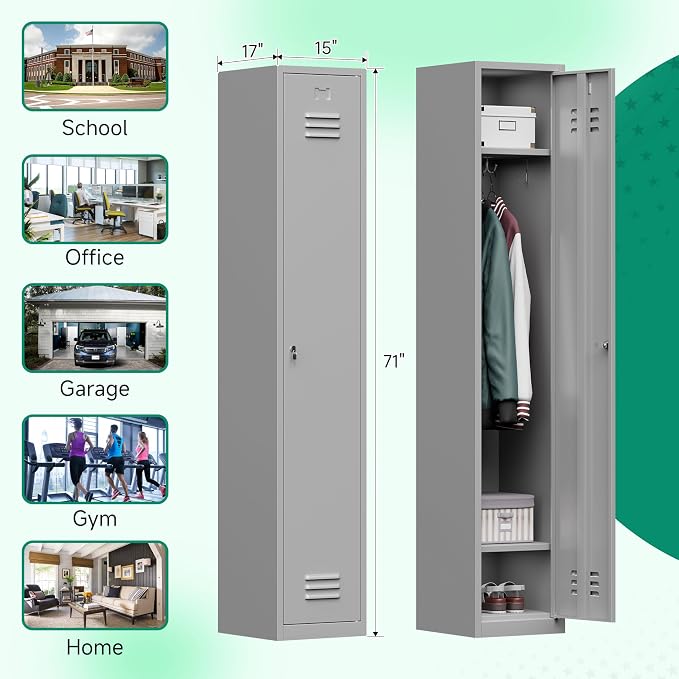 Metal Lockers for Employees,71" Steel Storage Cabinet with 1 Door Lockable for Home,Gym,School,Office,Garage-Assembly Required/Gray