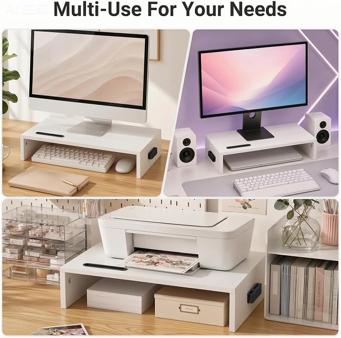 BONTEC Monitor Stand Riser with Cellphone Holder & Cable Management, 16.7 Inch Wood Monitor Riser Stand, Desktop Stand for PC/TV/Laptop/Printer, White