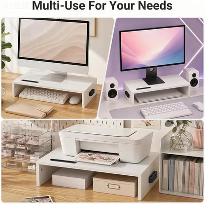 BONTEC Monitor Stand Riser with Cellphone Holder & Cable Management, 16.7 Inch Wood Monitor Riser Stand, Desktop Stand for PC/TV/Laptop/Printer, White