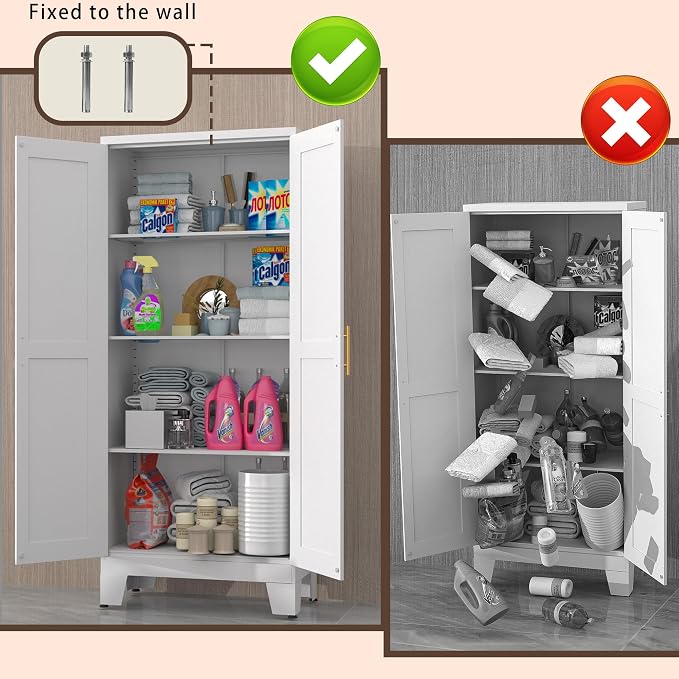 winiowa White Metal Pantry Cabinet with 2 Doors and Adjustable Shelves, 61" Kitchen Storage cabinets with Gold Handles, Versatile Storage for Laundry/Living/Dinning Room, Bathroom,Utility Room