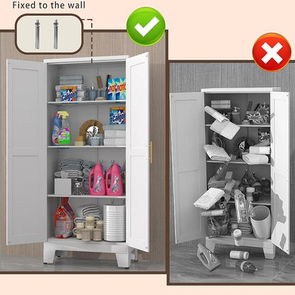 winiowa White Metal Pantry Cabinet with 2 Doors and Adjustable Shelves, 61" Kitchen Storage cabinets with Gold Handles, Versatile Storage for Laundry/Living/Dinning Room, Bathroom,Utility Room
