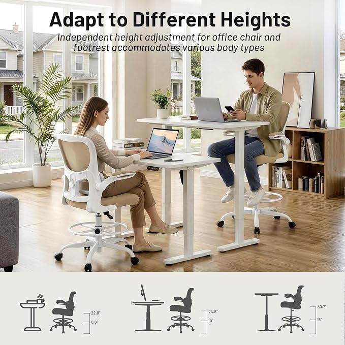 AreShark Drafting Office Chair - Ergonomic Tall Office Chair with Adjustable Footrest Ring - Counter Height Adjustable Rolling Standing Desk Chair with Lumbar Support and Flip-up Armrests for Home