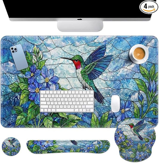 Britimes Floral Hummingbird Botanical Keyboard Mouse Pad Set Blue Nature 4in1 Large Mousepad+Keyboard Wrist Rest+Mouse Wrist Rest+Coaster Ergonomic Design for Home Office Computer 35.4x15.7 inches