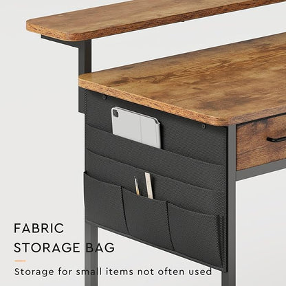 Maihail Small Desk with Drawers, 39.4X15.8-22.9 Inches Office Computer Desk with Side Pocket & Ergonomic Monitor Stand, Writing Table for Small Spaces, Bedroom, Rustic Brown