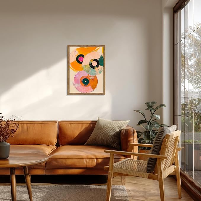 Vintage Vinyl Record Wall Art - Framed Canvas Music Decor for Living Room & Studio, Colorful Abstract Oil Painting in Wood Frame, Retro Record Player Print for Bedroom 12x16 inch