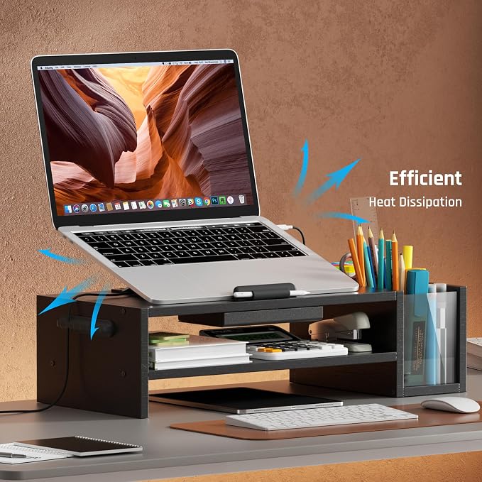 AFOOYO Adjustable Wood Laptop Stand, Ergonomic Height & Angle Computer Riser with Pen Holder – Compatible with MacBook Air/Pro, Dell, HP, Lenovo & 10-17.3" Notebooks – Black