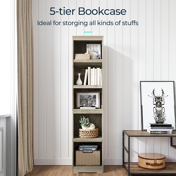 LINSY HOME 5-Shelf Bookcase, Narrow Bookshelves Floor Standing Storage Shelves 68 in Tall Bookcase Home Decor Furniture for Home Office, Living Room, Bed Room - Light Brown