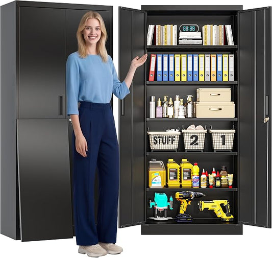 CJF Metal Storage Cabinet, 71" H Locking Cabinet with 5 Adjustable Shelves for Garage, Classroom, School, Home, Office, Pantry-Black