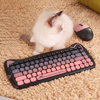 Cute Cat 2.4G USB Wireless Keyboard and Mouse Combo, Silent Keys, Candy Colors, Compatible with Notebook, PC (BlackPink-84Keys)