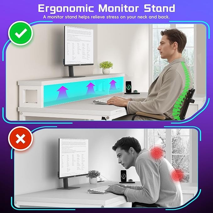DurayLoly 48" L- Shaped Computer Desk with LED Light and Power Outlet, Reversible Home Office Desk With Drawer and Shelf, Gaming Desk with Monitor Stand for Gamer, Student, Bedroom, Small Space, White