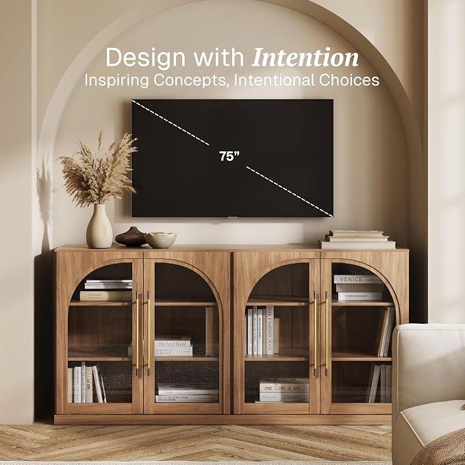 BELLEZE 65" Kitchen Storage Cabinet with Adjustable Shelves,Freestanding Accent Cabinet with Fluted Arched Design & Gold Handles,Modern Credenza for Living Room,Dining Room,Entryway - Camel