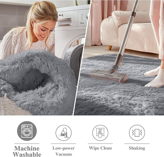 OLANLY Light Grey Round Rugs for Bedroom - Machine Washable, 4 ft Circle Area Rugs for Living Room, Soft and Fluffy Shaggy Carpet for Teen Girls and Boys, Nursery Rooms, Dorms, Home Decor Aesthetic