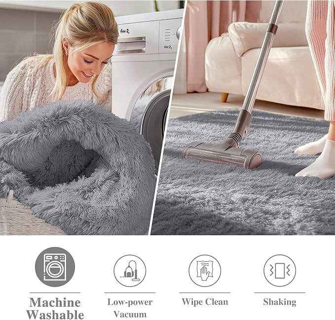 OLANLY Light Grey Round Rugs for Bedroom - Machine Washable, 2 ft Circle Area Rugs for Living Room, Soft and Fluffy Shaggy Carpet for Teen Girls and Boys, Nursery Rooms, Dorms, Home Decor Aesthetic