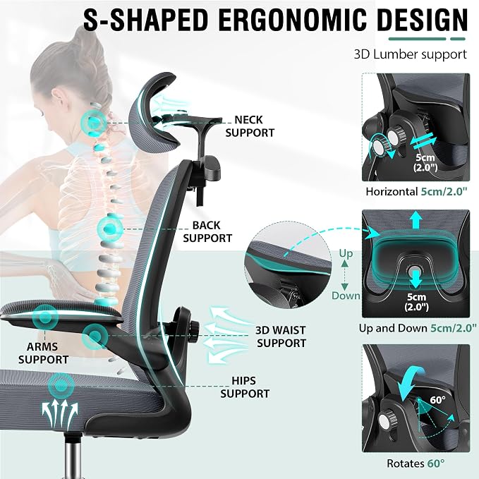 Drafting Chair, Tall Office Chair with 3D Lumbar & Head Support, Ergonomic Mesh Standing Desk Chair with Footring, Comfy Extended High Desk Chair with Flip-Up Arms & Hanger,Dark Gray