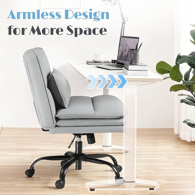 Furmax Criss Cross Legged Office Chair with Wheels, Armless Extra Wide Seat Swivel Desk Chair, Adjustable Height Comfy Task Chair with Thick Cushion for Home Office Bedroom Vanity (Fabric, Grey)