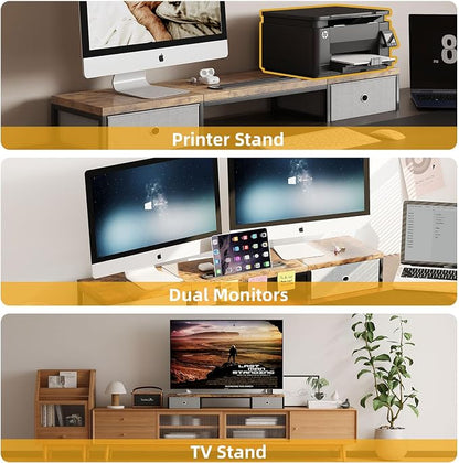 39 Inch Dual Monitor Stand Riser with 2 Drawers - Large Brown Wooden Computer Stand for 2 Monitors, Ergonomic Desk Organizer with Phone Holder, Desktop Storage for Laptop, Office Supplies, Home Office