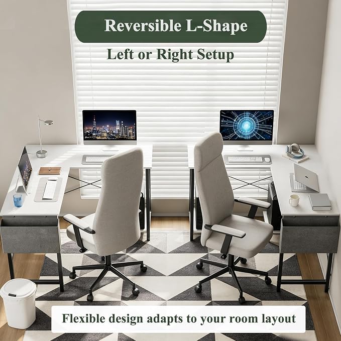 L-Shaped Home Office Computer Desk, Gaming Desk with CPU Stand Shelf and Hanging Storage Pocket, Corner Student Study Writing Table, Sturdy Metal Frame, 43.3" D x 50" W, Classic White