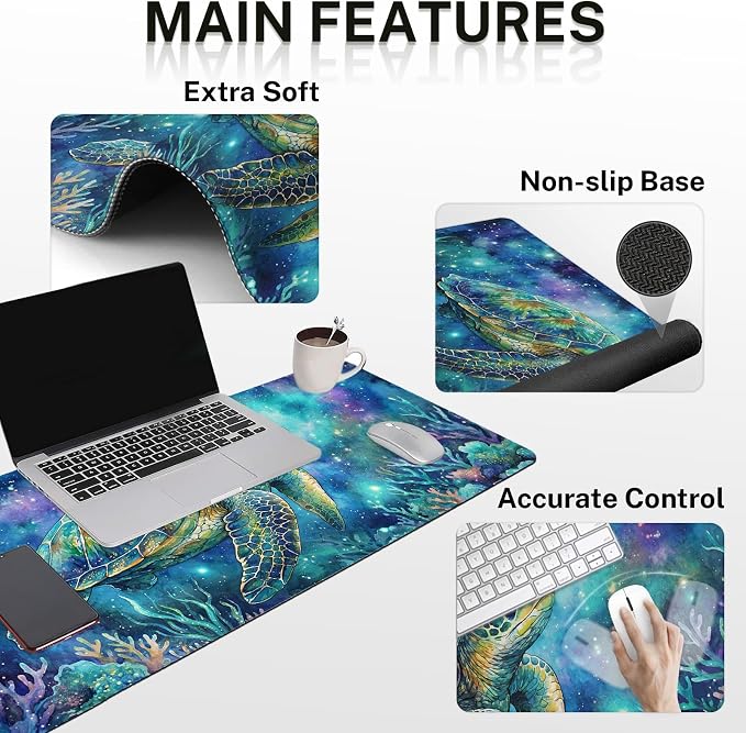 Britimes Turtle Galaxy Ocean Keyboard Mouse Pad Set Watercolor Coral 4in1 Large Mousepad+Keyboard Wrist Rest+Mouse Wrist Rest+Coaster Ergonomic Design for Home Office Computer 35.4x15.7 inches