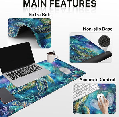 Britimes Turtle Galaxy Ocean Keyboard Mouse Pad Set Watercolor Coral 4in1 Large Mousepad+Keyboard Wrist Rest+Mouse Wrist Rest+Coaster Ergonomic Design for Home Office Computer 35.4x15.7 inches