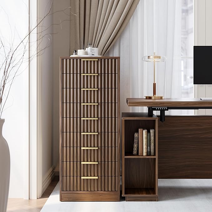 9 Drawer File Cabinet, Wooden Office Cabinet with Drawers, Fluted Storage Filing Drawer for Home Office, Black Walnut