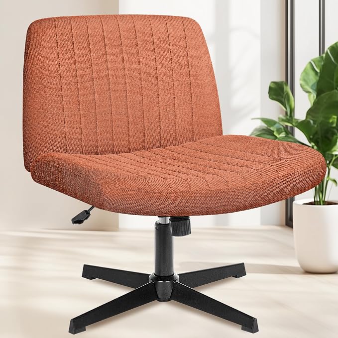 NEO Chair Criss Cross Chair No Wheels, Armless Cross Legged Office Desk Chair, Vanity Makeup Fabric Computer Comfy Adjustable Swivel Ergonomic Living Bedroom for Home Office (Fabric Brown)