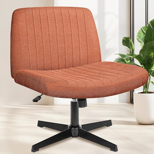 NEO Chair Criss Cross Chair No Wheels, Armless Cross Legged Office Desk Chair, Vanity Makeup Fabric Computer Comfy Adjustable Swivel Ergonomic Living Bedroom for Home Office (Fabric Brown)