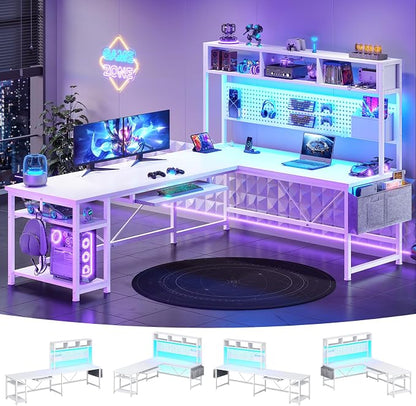 SEDETA White L Shaped Gaming Desk, Reversible Corner With Power Outlet and Pegboard, Hutch, Storage Shelf, Keyboard Tray, and LED Lights for Home Office