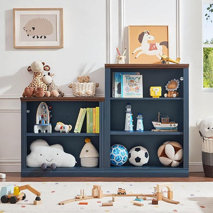 RWYHG 30" Blue Bookshelf Set of 2,2-Tier Thick Wood Book Shelf with Adjustable Shelves,Free Standing Farmhouse Bookcase with Open Display Storage,Floor Vintage Bookshelves for Living Room,Office
