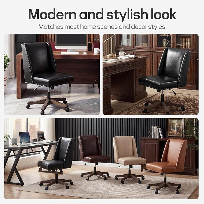 Zihanhome Armless Home Office Chair with Wooden Legs, Modern Leather Upholstered Office Desk Chair No Arms Sewing Chair Adjustable Swivel Desk Chair for Farmhouse Office Study Studio (Black)