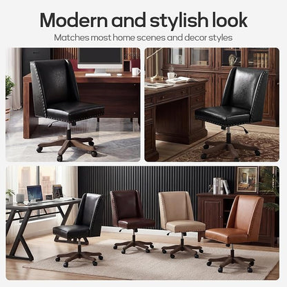 Zihanhome Armless Home Office Chair with Wooden Legs, Modern Leather Upholstered Office Desk Chair No Arms Sewing Chair Adjustable Swivel Desk Chair for Farmhouse Office Study Studio (Black)