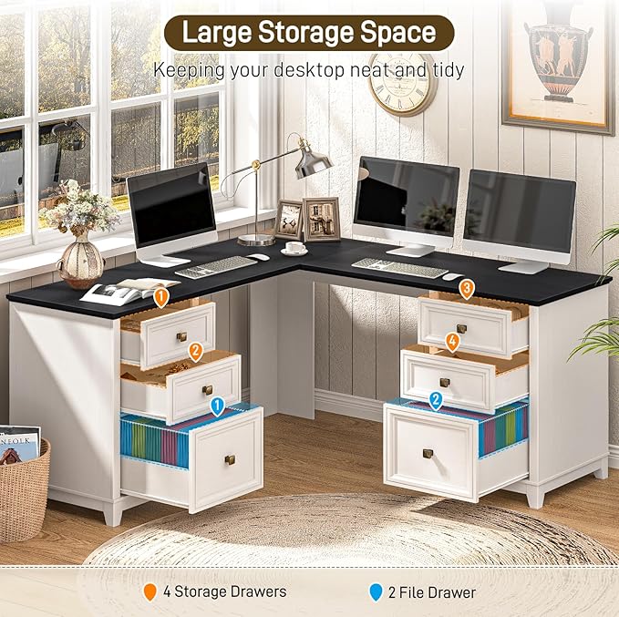 Vabches Farmhouse L Shaped Executive Desk with 6 Drawers, 59’’ Wood Home Office Desk with File Cabinet, Writing Corner Computer Desk for Home Office, Work, Study, White and Black