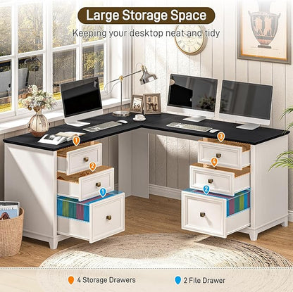 Vabches Farmhouse L Shaped Executive Desk with 6 Drawers, 59’’ Wood Home Office Desk with File Cabinet, Writing Corner Computer Desk for Home Office, Work, Study, White and Black