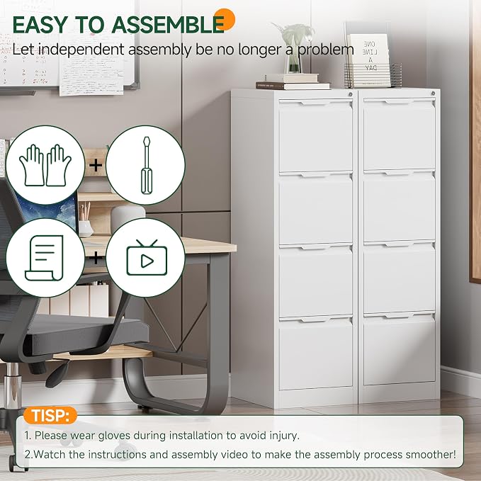 4 Drawer File Cabinet with Lock, Filing Cabinets for Home Office | Tall File Cabinet, Lockable File Cabinet, Metal File Cabinet for Letter/Legal/A4/F4 Size, Assemble Required