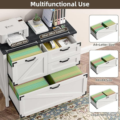 Vabches 4-Drawer Wood Lateral File Cabinet for Hanging Files Letter/A4/Legal Size, Large Farmhouse File Cabinets for Home Office, Printer Stand with Office Cabinet, White and Black