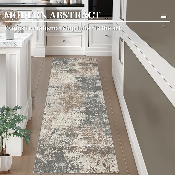 Ciicool 2x6 Washable Runner Rug, Modern Abstract Hallway Rugs Runner, Non-Slip Thin Accent Rug Lightweight Gray Brown Print Distressed Carpet for Laundry Entryway Bedroom Kitchen Bathroom Indoor