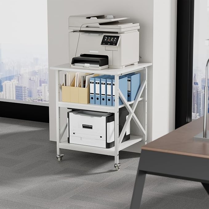 3 Tier Printer Stand, Large Table with Wheels, Rolling Cart with Height Adjustable Middle Storage Shelf, 23.6 x 23.6 x 30.3 Inches Shelf for Home Office, White
