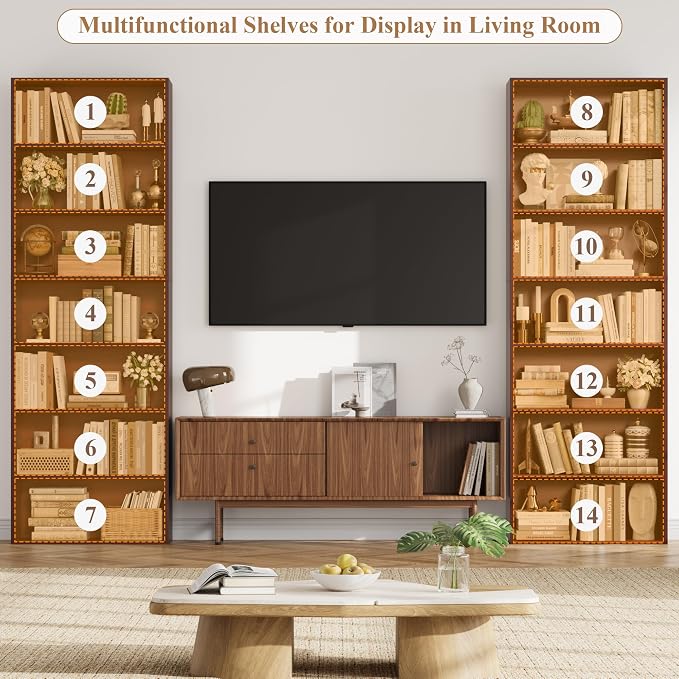 FACBOTALL 82" Tall Bookshelf Set of 2, 7-Tier Double Open Shelves Bookcase,Freestanding Display Storage Shelves, Tall Bookcase Home Decor Furniture for Home Office,Living Room,Bedroom, Cherry
