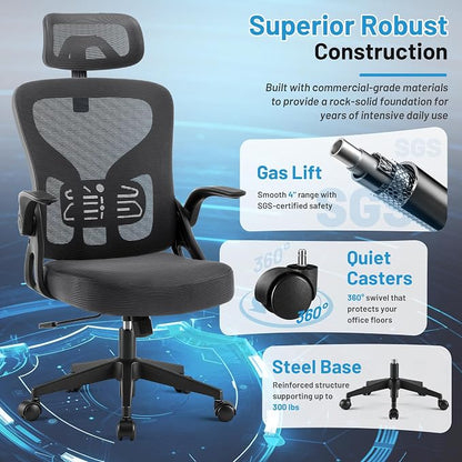 Office Chair Ergonomic Desk Chair with Adjustable Headrest Lumbar Support, High Back Breathable Mesh Chair with 120° Tilt & Flip-Up Armrests, Swivel Comfy Task Computer Chair for Work, Study