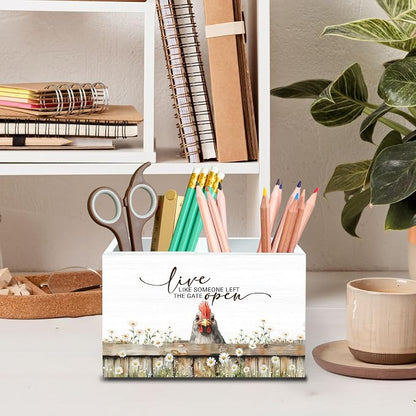 DILSJ Inspirational Chicken 2 Compartment Pen Pencil Holder Organizer for Desk, Chicken Lovers Gifts for Women, Live Like Someone Left The Gate Open Wooden Box Signs for Home Office & School Supplies