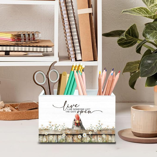 DILSJ Inspirational Chicken 2 Compartment Pen Pencil Holder Organizer for Desk, Chicken Lovers Gifts for Women, Live Like Someone Left The Gate Open Wooden Box Signs for Home Office & School Supplies