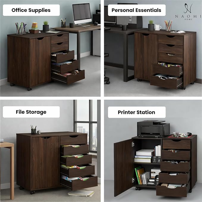 Naomi Home Under Desk Rolling Office File Cabinet with 5 Drawers & Side Storage Cabinet, Mobile Organizer with Shelves & Swivel Casters for Home Office - Brown Oak