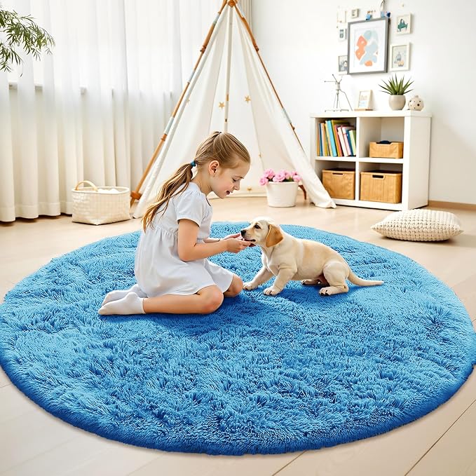 OLANLY Bright Blue Round Rugs for Bedroom - Machine Washable, 9 ft Circle Area Rugs for Living Room, Soft and Fluffy Shaggy Carpet for Teen Girl and Boys, Nursery Rooms, Dorms, Home Decor Aesthetic