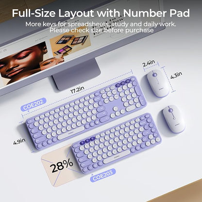 seenda COE202 Wireless Bluetooth Keyboard and Mouse Combo, Lilac Purple | USB & Dual Bluetooth for 3-Device Switching, Soft Quiet Round Keys, Silent Clicks, Full-Size for PC/Laptop/Mac/MacBook/iPad