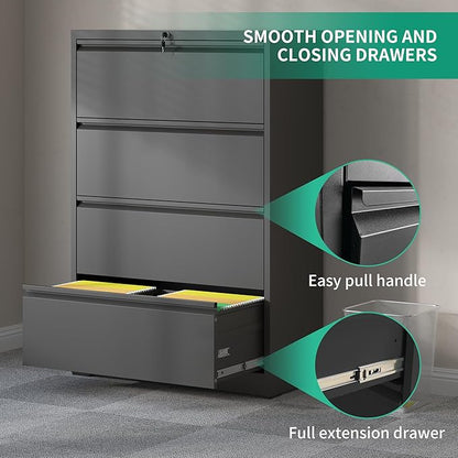 IKIMI 4 Drawer Lateral File Cabinets,Metal Filing Cabinet for Home Office,Wide Steel Storage Cabinet Commercial Drawer for Legal/Letter/A4 Size Files Assembly Required