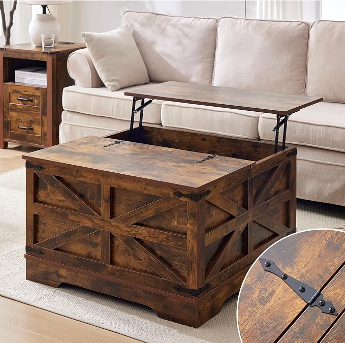 Farmhouse Coffee Table and End Table Sets of 3, 3 Piece Living Room Tables Set with Charging Station, Lift Top Coffees and 2 Large Side, Wood Furniture Sets with Storage, Brown