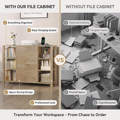 Filing Cabinet for Home Office, Fluted Wood File Cabinet with 2 Drawers Fit Letter/Legal/A4 Folders with Tabs, 43.3"W Printer Stand with Lock & 2 Power Outlets, 6 Storage Shelves (Natural Oak)