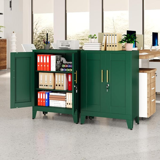 GAIOUS Green Metal File Cabinet with Lock(Two Units), Steel Storage Cabient | with 2 Doors and 2 Adjustable Shelves, Multifunctional Locked Cabinet for Home/Office/Garage/Tool Room, Accent Furniture