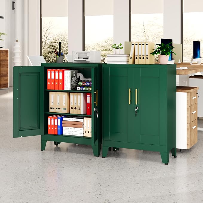 Green Metal Storage Cabinet, 36" Tall Locking Storage Cabinet with 2 Adjustable Shelves, Steel Locker Organizer, for Office, Home, School, 11.81" D x 23.62" W x 35.83" H, 2PS