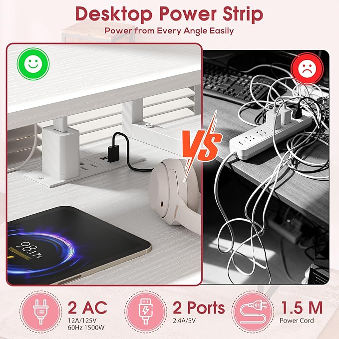 DurayLoly 47" White Computer Desk with 2 Acrylic Cabinet & 3 Fabric Drawers | Integrates Ample Storage & Display, Great Fit for Small Spaces, Outlets Suitable for Studying, Working & Gaming Equipments
