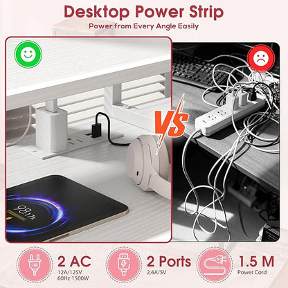 DurayLoly 47" White Computer Desk with 2 Acrylic Cabinet & 3 Fabric Drawers | Integrates Ample Storage & Display, Great Fit for Small Spaces, Outlets Suitable for Studying, Working & Gaming Equipments